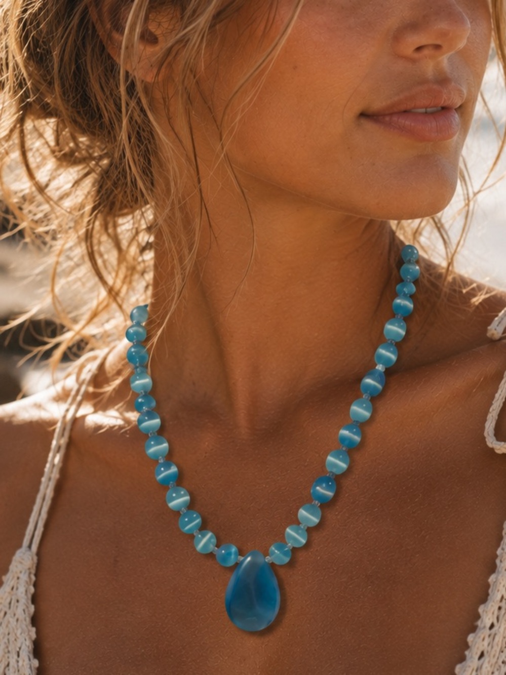 Handmade Blue Cat’s Eye & Moonglow Pendant Necklace 16"
